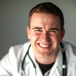 a professional and visually appealing image of a young happy smiling caucasian doctor with white teeth