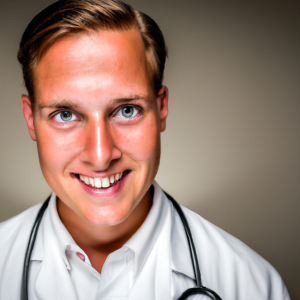 a professional and visually appealing image of a young happy smiling caucasian doctor with white teeth 894 300x300