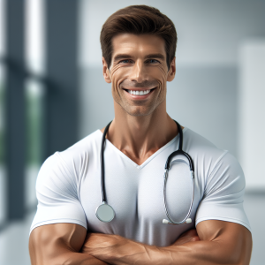 a photo realistic professionally appealing image of a good looking and athletic 35 to 45 year old happy smiling male white doctor with white teeth