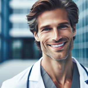 a photo realistic professionally appealing image of a good looking and athletic 35 to 45 year old happy smiling male white doctor with white teeth