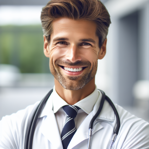 a photo realistic professionally appealing image of a good looking and athletic 35 to 45 year old happy smiling male white doctor with white teeth