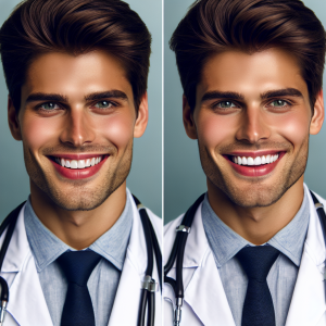 a photo realistic professionally appealing image of a good looking and athletic 35 to 45 year old happy smiling male white doctor with white teeth