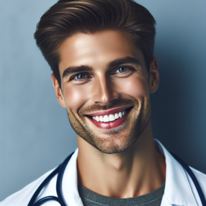 a photo realistic professionally appealing image of a good looking and athletic 35 to 45 year old happy smiling male white doctor with white teeth