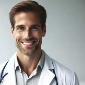 a photo realistic professionally appealing image of a good looking and athletic 35 to 45 year old happy smiling male white doctor with white teeth