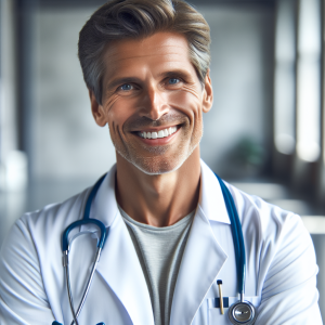 a photo realistic professionally appealing image of a good looking and athletic 35 to 45 year old happy smiling male white doctor with white teeth