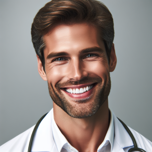 a photo realistic professionally appealing image of a good looking and athletic 35 to 45 year old happy smiling male white doctor with white teeth