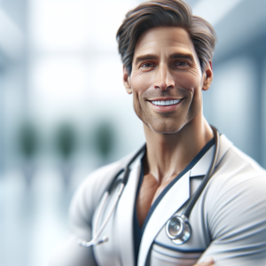 a photo realistic professionally appealing image of a good looking and athletic 35 to 45 year old happy smiling male white doctor with white teeth