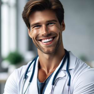 a photo realistic professionally appealing image of a good looking and athletic 35 to 45 year old happy smiling male white doctor with white teeth