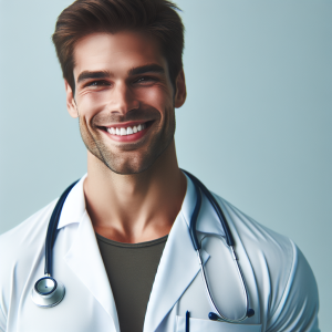 a photo realistic professionally appealing image of a good looking and athletic 35 to 45 year old happy smiling male white doctor with white teeth