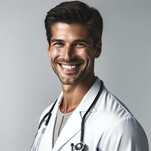 a photo realistic professionally appealing image of a good looking and athletic 35 to 45 year old happy smiling male white doctor with white teeth