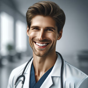 a photo realistic professionally appealing image of a good looking and athletic 35 to 45 year old happy smiling male white doctor with white teeth