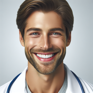 a photo realistic professionally appealing image of a good looking and athletic 35 to 45 year old happy smiling male white doctor with white teeth