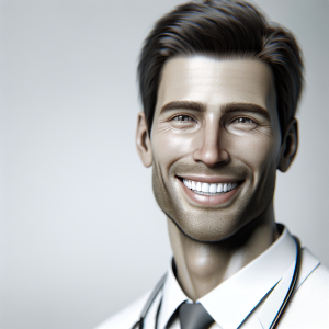 a photo realistic professionally appealing image of a good looking and athletic 35 to 45 year old happy smiling male white doctor with white teeth