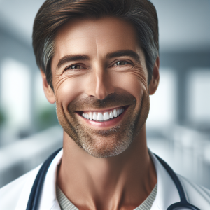 a photo realistic professionally appealing image of a good looking and athletic 35 to 45 year old happy smiling male white doctor with white teeth