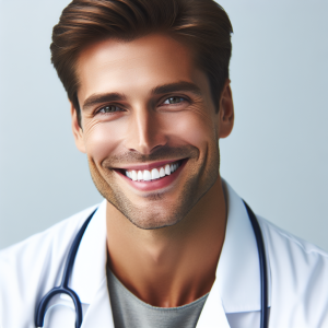 a photo realistic professionally appealing image of a good looking and athletic 35 to 45 year old happy smiling male white doctor with white teeth