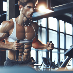 a photo realistic professionally appealing image of a good looking and athletic white man exercising in a gym