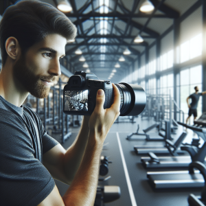 a photo realistic professionally appealing image of a good looking and athletic white man exercising in a gym