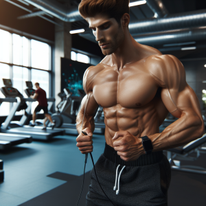 a photo realistic professionally appealing image of a good looking and athletic white man exercising in a gym