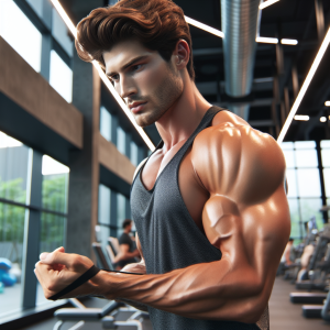 a photo realistic professionally appealing image of a good looking and athletic white man exercising in a gym