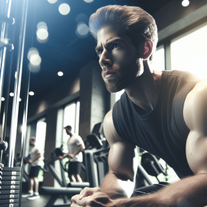 a photo realistic professionally appealing image of a good looking and athletic white man exercising in a gym