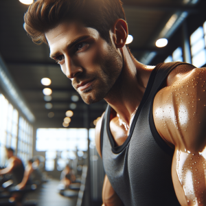 a photo realistic professionally appealing image of a good looking and athletic white man exercising in a gym