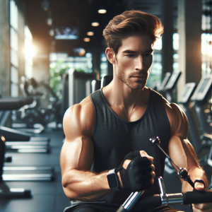 a photo realistic professionally appealing image of a good looking and athletic white man exercising in a gym