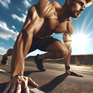 a photo realistic professionally appealing image of a good looking and athletic white man exercising or playing sports outside on a sunny day