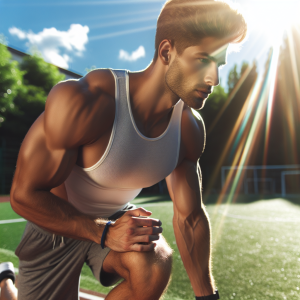 a photo realistic professionally appealing image of a good looking and athletic white man exercising or playing sports outside on a sunny day