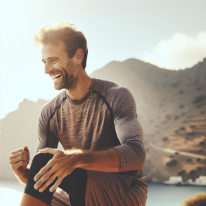 a photo realistic professionally appealing image of a good looking and athletic white man exercising or playing sports outside on a sunny day