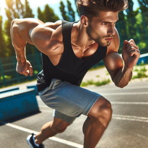 a photo realistic professionally appealing image of a good looking and athletic white man exercising or playing sports outside on a sunny day 626 300x300