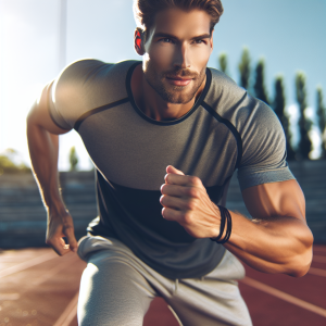 a photo realistic professionally appealing image of a good looking and athletic white man exercising or playing sports outside on a sunny day