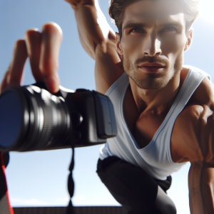 a photo realistic professionally appealing image of a good looking and athletic white man exercising or playing sports outside on a sunny day