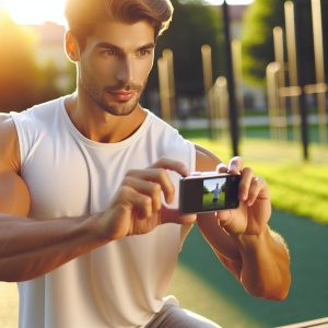 a photo realistic professionally appealing image of a good looking and athletic white man exercising or playing sports outside on a sunny day