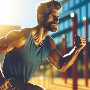 a photo realistic professionally appealing image of a good looking and athletic white man exercising or playing sports outside on a sunny day 899 300x300