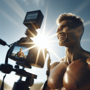 a photo realistic professionally appealing image of a good looking and athletic white man exercising or playing sports outside on a sunny day