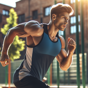 a photo realistic professionally appealing image of a good looking and athletic white man exercising or playing sports outside on a sunny day