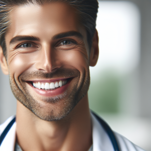 a photorealistic professional appealing image of a good looking and athletic 35 to 45 year old happy smiling male caucasian doctor with white teeth