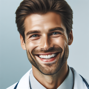 a photorealistic professional appealing image of a good looking and athletic 35 to 45 year old happy smiling male caucasian doctor with white teeth