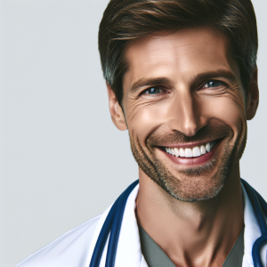 a photorealistic professional appealing image of a good looking and athletic 35 to 45 year old happy smiling male caucasian doctor with white teeth