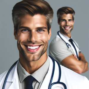 a photorealistic professional appealing image of a good looking and athletic 35 to 45 year old happy smiling male caucasian doctor with white teeth