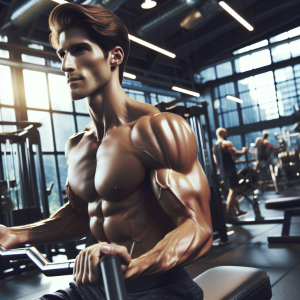 a photorealistic professional appealing image of a good looking and athletic caucasian man exercising in a gym