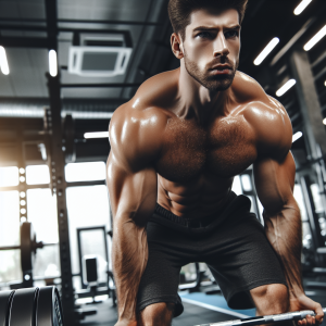 a photorealistic professional appealing image of a good looking and athletic caucasian man exercising in a gym