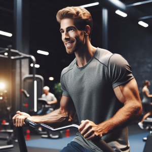 a photorealistic professional appealing image of a good looking and athletic caucasian man exercising in a gym