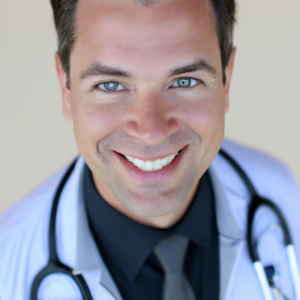 a professional and visually appealing good looking and atheletic image of a 35 to 45 year old happy smiling male caucasian doctor with white teeth